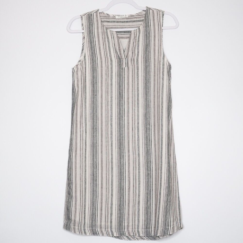beachlunchlounge Linen Blend Mini Dress Grey Striped V-neck Split Sleeveless